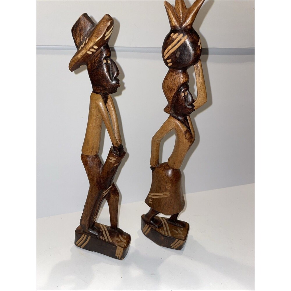 Pair Of Hand Carved Wooden Lady & Gentleman Haitian 13” Tall Very Detailed